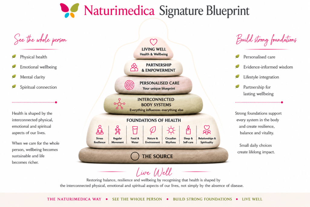 The Naturimedica Way: Naturimedica Signature Blueprint illustrating the evidence-informed, systems-based approach to wholistic health care.